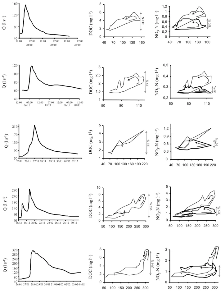 Fig. 4. Hydrographs and hysteresis of DOC, NO 3 -N (bold solid lines) and NO 3 -N exp  (thin solid line) during the period October 1997–January 1998