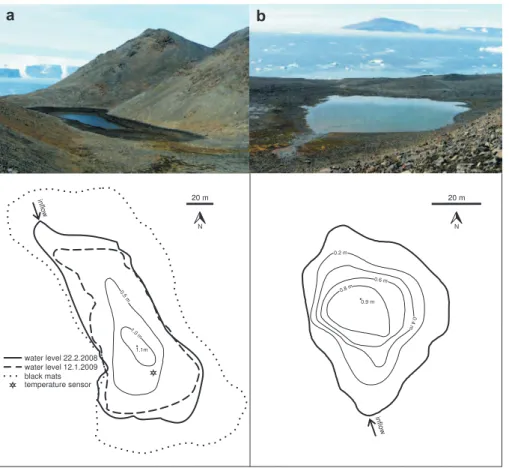 Figure 2. Bathymetric parameters of lake 1 (a) and 2 (b) together with marked lines of water level and maximum extent of the photosynthetic microbial mat littoral belt in lake 1.
