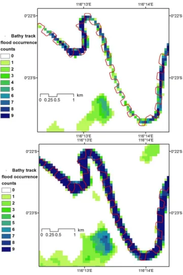 Fig. 5. Bathymetry measurement tracks in the Mahakam River plot- plot-ted on open water flood occurrence maps using the upper threshold values of −14.9 dB (top) and −11.2 dB (bottom).