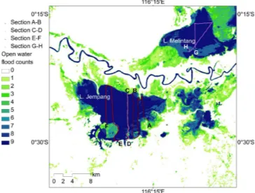 Table 2. Correlation between lake depth and flood occurrence mapped using different periods of PALSAR images for lake  sec-tions depicted in Fig
