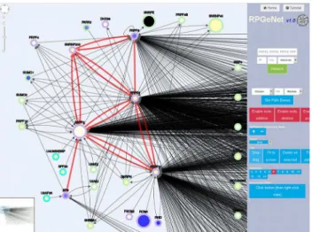 Fig 6. Network of RP/LCA genes involved in splicing and their partners. RPGeNet snapshot of the edited graph derived from the original grid layout (ordered by connectivity of the nodes, from left to right, and top to bottom) when the query was performed wi