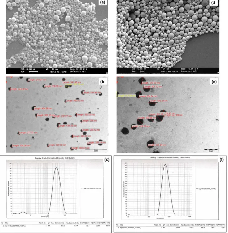 Figure 2. SEM image showing morphology; and Size analysis using measurement software on TEM Image and Particle size analyzer for PLGA 50:50 nanoparticles (a), (b) &amp; (c) and PLGA 75:25 nanoparticles (d), (e) &amp; (f) respectively.