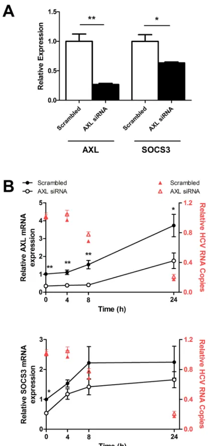 Fig 3. AXL knockdown reduces SOCS3 expression but does not affect HCV replication. AXL specific siRNA knockdown reduced AXL expression by approximately 75%, also resulting in a significant reduction of SOCS3 by approximately 40% (A)