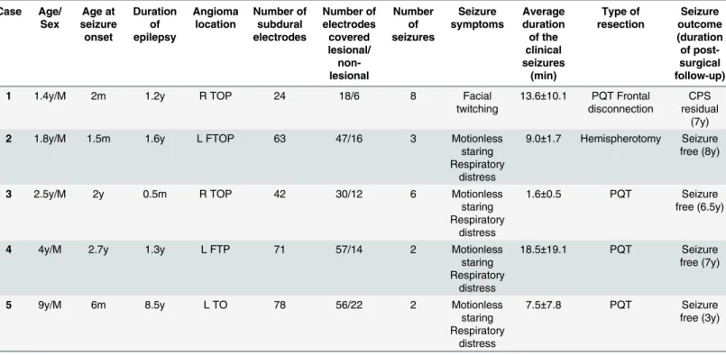 Table 1. Patient demographics and clinical data. F, frontal; P, parietal; T, temporal; O, occipital; L, left; R, right