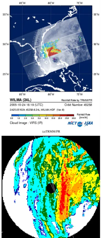 Figure  4  (a)  shows  TRMM/PR  derived  rainfall  rate  for  hurricane  Wilma  while  (b)  shows  ground  based  radar  data  derived  rainfall  rate  acquired  at  around  same  time  on  24  October 2005