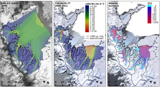Figure 2. Maps of glacier surface velocity in the Larsen B region. Left: based on ERS InSAR data of October/November 1995 (background RAMP mosaic; Jezek et al., 2013)