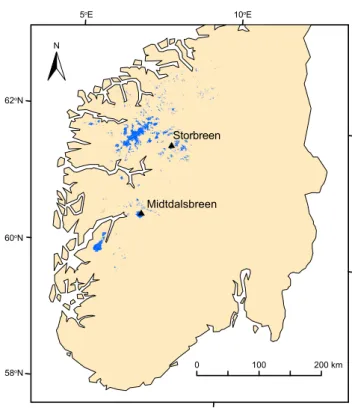 Fig. 2. Glaciers in southern Norway (in blue) and the location of Storbreen and Midtdalsbreen