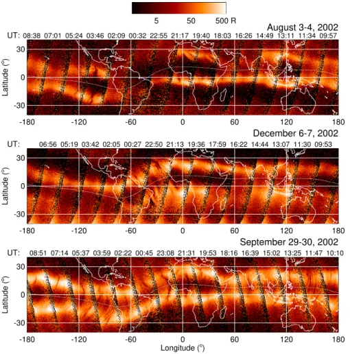 Fig. 1. Composite OI 135.6-nm radiance maps at 21:00 LT on 3–4 August (top), 6–7 December (middle), and 29–30 September (bottom) in 2002 