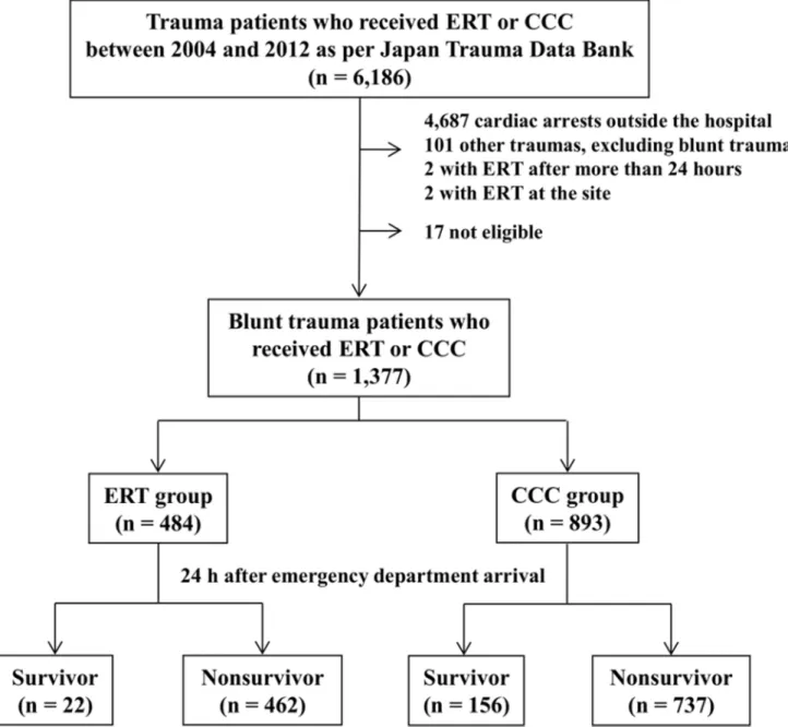 Fig 1. Flow chart of patients included in the study. In total, 1,377 patients were enrolled from the Japan Trauma Data Bank between 2004 and 2012.