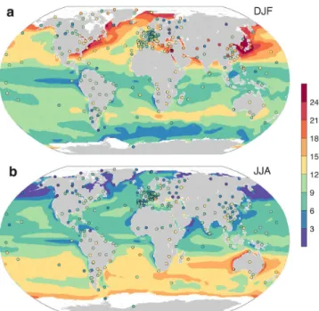 Fig. 2. Spatial distribution of predicted evaporation d (shading) and observed d in precipitation (circles)