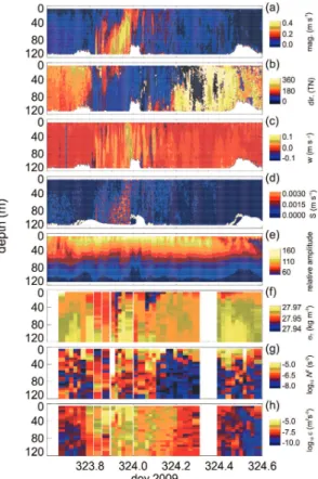 Fig. 3. ADCP and turbulence data products. The ADCP resolved (a) horizontal velocity mag- mag-nitude, (b) horizontal direction in which the flow is going, (c) vertical velocity w, (d) vertical shear and (e) backscatter amplitude