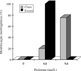 Figura 10 - Percentual de modificação morfogênica de discos foliares de  plântulas de mandioca (Manihot esculenta Crantz), cultivar  Mantiqueira, em função de concentrações de picloram, no claro  e no escuro