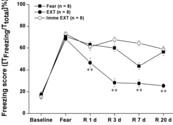 Figure 1. Experiment 1: Freezing score measured in rats receiving different extinction protocols