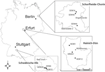Figure 1. Location of the three Biodiversity Exploratories and the experimental plots.