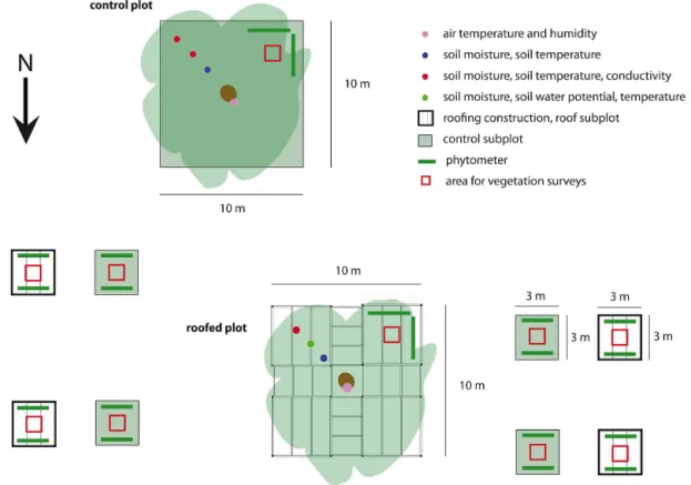 Figure 2. Schematic sketch of roofed and control subplots with roof construction indicated.