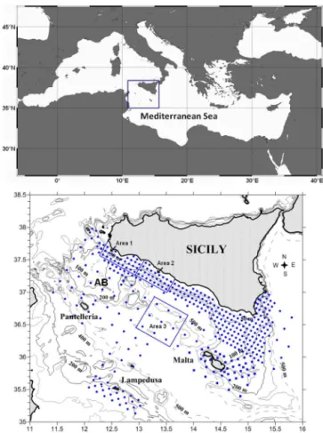 Figure 1. The study area in the Strait of Sicily and the overall sam- sam-pling design adopted in the period 1998–2013 (blue dots); the  Mal-tese waters are investigated since 2004 (blue squares)