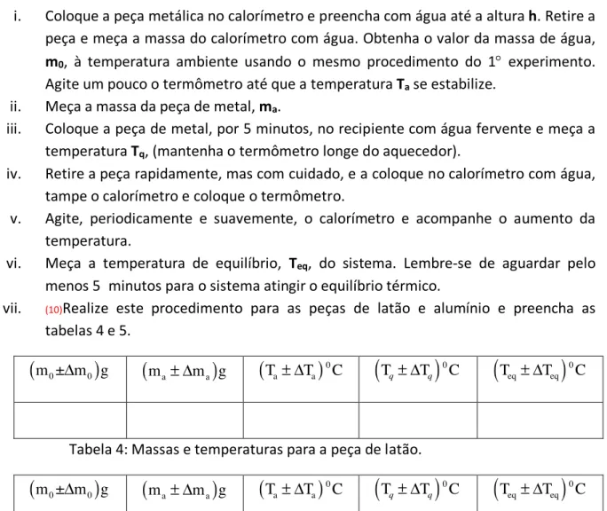 Tabela 4: Massas e temperaturas para a peça de latão. 