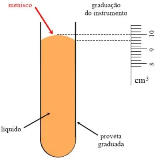 Figura 1.2.3: Proveta graduada contendo um líquido cujo volume é medido. Veja no detalhe que  existe um menisco que impede a obtenção mais exata da medida