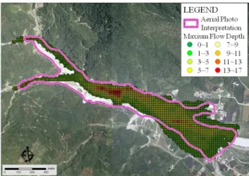 Fig. 7. Comparison of debris-flow affected area from aerial photo interpretation and model simulation in the Haulien 069 creek in Jiancing village.