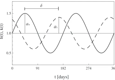 Fig. 1. Example of the h(t) (solid) and k(t) (dashed) curves, see Eq. (2). The temporal shift δ between the seasonal peaks is indicated, as well as their amplitudes, a α and a λ 