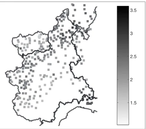 Fig. 6. Return period ratios (R T (POT) ) evaluated for the 294 rain gauging stations in the North- North-West of Italy