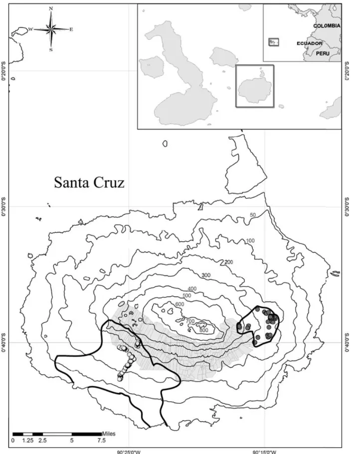 Figure 2. Map of Santa Cruz Island with sampling localities highlighted. Map insets indicate the geographic location of the Gala´pagos archipelago, west of the Ecuadorian coast, as well as the location of Santa Cruz in the archipelago