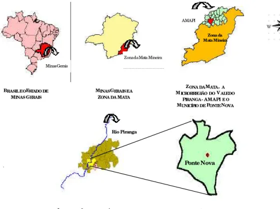 Figura 3  - Mapas do Brasil; do Estado de Minas Gerais; da Macrorregião da Zona da Mata; da     Microrregião da AMAPI e do Município de Ponte Nova