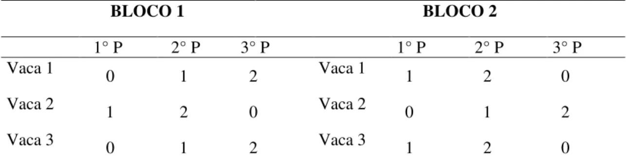 Tabela 3 – Delineamento utilizado no experimento, de acordo com os tratamentos, períodos  e blocos experimentais  BLOCO 1  BLOCO 2    1° P    2° P  3° P  1° P  2° P  3° P  Vaca 1       0      1    2  Vaca 1    1    2    0  Vaca 2       1      2    0  Vaca 