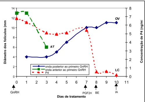 Figura 2  – Padrão de desenvolvimento folicular e comportamento da  concentração de progesterona plasmática em uma vaca tratada  com buserelina (10  µg, Dia 0), PGF 2α  (250 mg, Dia 7) e benzoato  de estradiol  (1 mg, Dia 8)