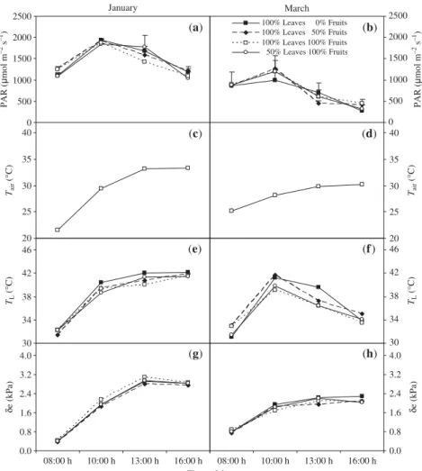 Fig. 1 The effect of source–sink imbalances  performed through controlled defoliation  and defruiting in field-grown coffee  (Coffea arabica) trees on the time-course  of intercepted photosynthetic active radiation  (PAR) by leaves (a,b), air temperature, 