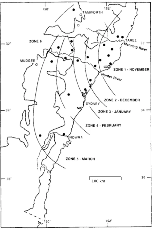 Figure 5. C. brevitarsis spread arrival times as determined by trapping experiments. Lines denote arrival times of C