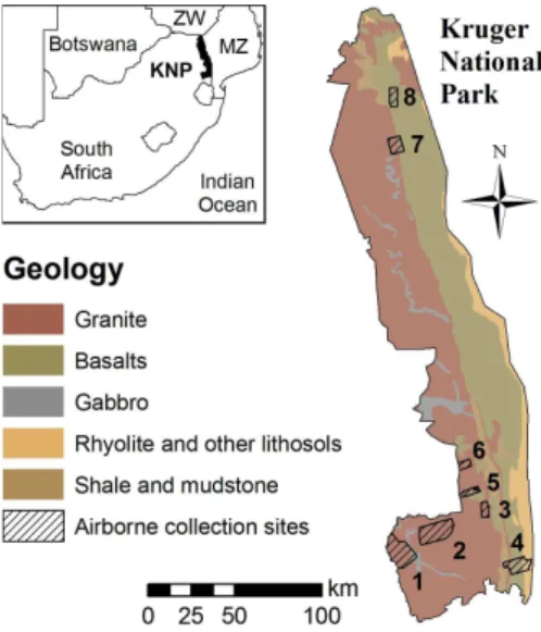 Fig. 1. Study site locations and geology. Numbers correspond to site ID in Table 1. Zw = Zimbabwe, MZ = Mozambique, KNP = Kruger National Park.