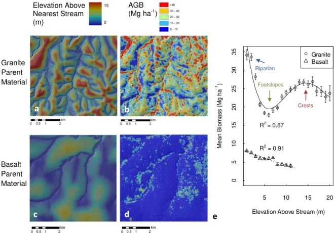 Fig. 3. Spatially explicit correlation of elevation above nearest stream (a, c)) to LiDAR-estimated AGB (b, d)) for granite (Skukuza, top row) and basalt (Lower Sabie, bottom row)
