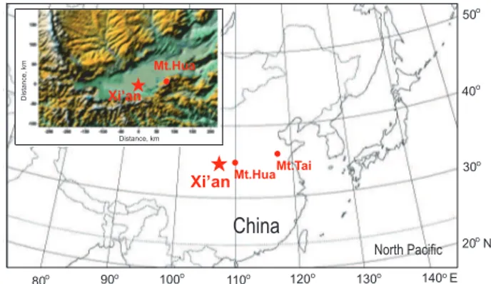 Figure 1  A map discription for Xi’an city and Mt. Hua in Guanzhong Basin, inland China                 and Mt.Tai in east China (inserted figure showing the topography of Guanzhong Basin)