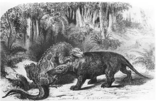 Figura 9.  A primeira paixão por dinossauros na Inglaterra (década de 1850) foi impulsionada por novas descobertas e  novas reconstruções dos antigos habitantes do país