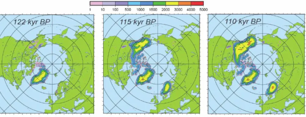 Fig. 2. Simulated ice thickness (in m) at different key periods during glacial inception: 122 kyr BP (left panel), 115 kyr BP (middle panel), 110 kyr BP (right panel).