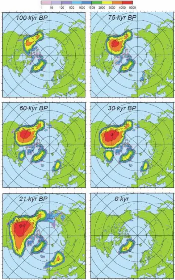 Fig. 4. Simulated ice thickness (in m) at different key periods: