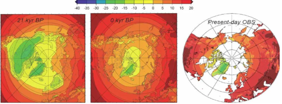 Fig. 5. Simulated average summer surface air temperatures (JJA) (in ◦ C) at the LGM (left panel) and at the end of the simulation (0 kyr, middle panel)