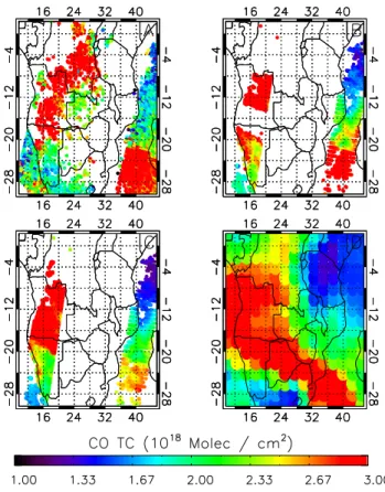 Fig. 3. MOPITT V3 and V4 mean CO profiles (solid red line and blue line, respectively) and standard deviation relative to their means (dashed horizontal lines) for 1 September 2007 over the Southern Africa region, for the daytime and over the ocean