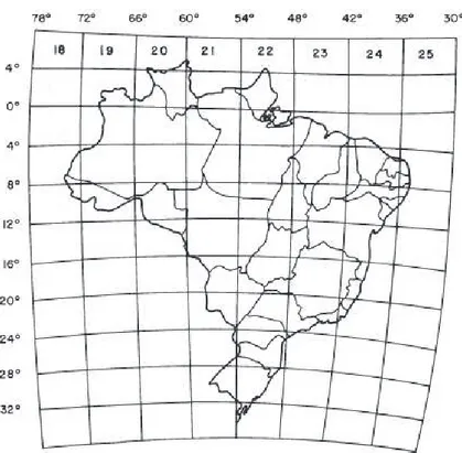 Fig. 5. Divisão do Brasil em fusos de 6º de longitude. Fonte: D’Alge, 2006 (modificado).