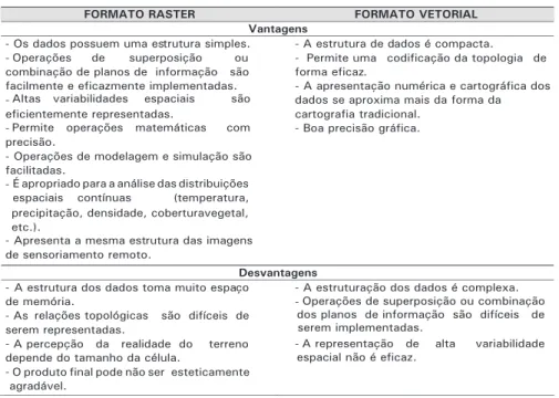 Tabela 3. Vantagens e desvantagens dos formatos raster e vetorial