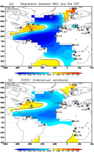 Fig. 6. (a) Regression between the annual NAO index and annual SST in the North Atlantic over the period of 1870–