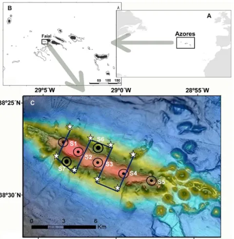Figure 1. The Condor seamount. Location of the Azores archipelago in the mid-North Atlantic (A) showing the islands (in black) and the 500 m isobath (dark line) (B), and the location of the Condor seamount (C)