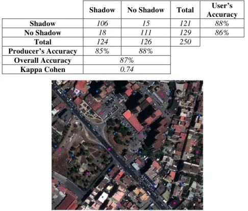 Figure 10: Test sites of shadowed (violet) and free shadow (blue) zones on the pan-sharpened RGB composition