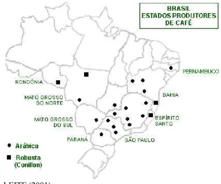 Figura 1 - Distribuição geográfica do café segundo os estados produtores. 