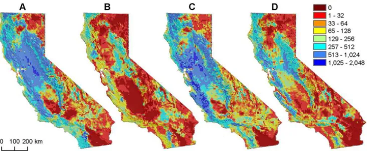 Figure 2. Number of modern analogs for predicted future bird communities across climate models and distribution-model algorithms