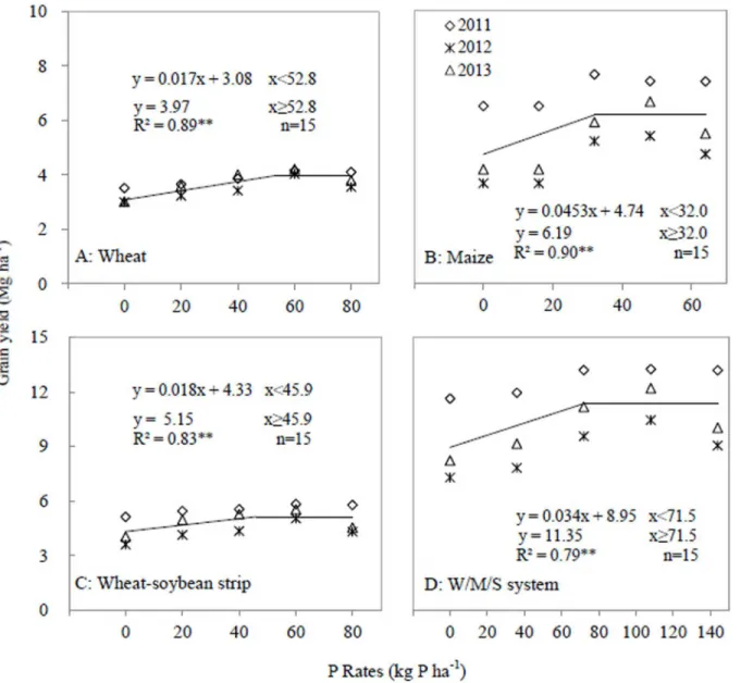 Fig 5. Grain yield as affected by P application rates in 2011, 2012 and 2013. A, Wheat; B, Maize; C, Wheat-soybean strip; D, W/M/S system
