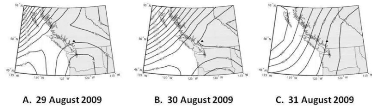 Fig. 2. NCEP reanalysis data showing 700 hPa heights (m) from 29–31 August 2009. For each LST day, the height values represent data averaged over the four synoptic observation times.