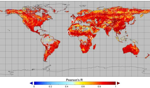 Figure 5. Global correlation (Pearson’s R) for ESA CCI SM and CCI NRT for 2013 (no neg- neg-ative correlations were observed); the white triangles illustrate the location of the in-situ  sta-tions/networks.