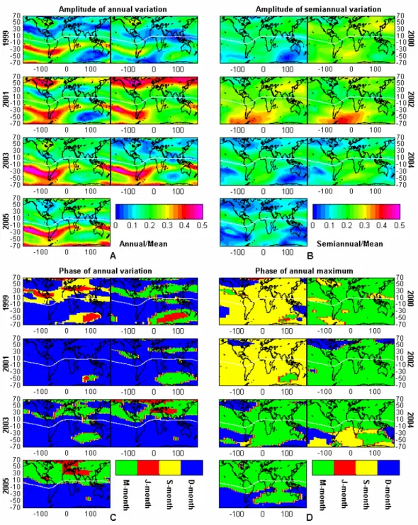 Fig. 6. Global distributions of the amplitudes of the annual and semiannual components (A, B) and the phase of the annual variation (C), and the position of the existing maximum value (D) and the amplitude of the equinox asymmetry